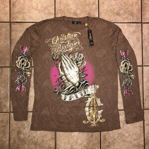 Men's Christian Audigier Long Sleeve T-shirt-Praying Hands/Faith- Size: XXL